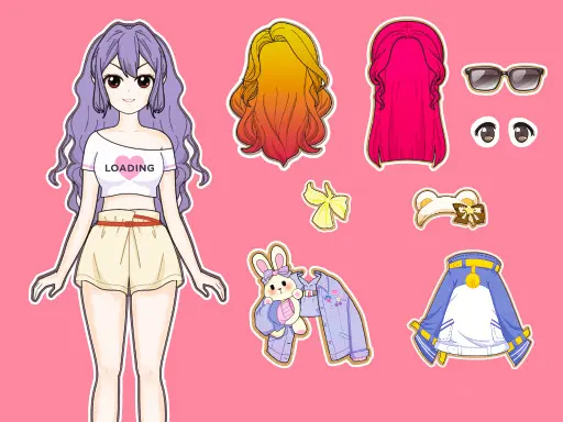 Imagem do jogo Dress Up Babi Doll com uma boneca de cabelo roxo e roupas básicas, acompanhada de opções de personalização que incluem diferentes cabelos, acessórios, olhos, e roupas coloridas para vestir a boneca."